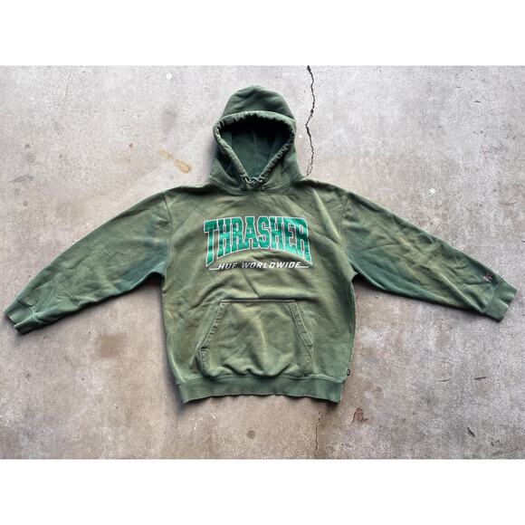 Thrasher X HUF worldwide Bleach dyed pentagram green grunge hoodie L - Picture 2 of 6
